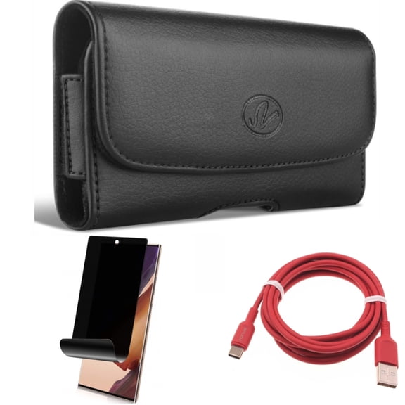 Privacy Screen Protector & 6ft USB-C Cable & Case Belt Clip for Samsung Galaxy Note 20 Ultra (6.9") - Combo with TPU Film Anti-Peep & Red Charger Cord & Leather Swivel