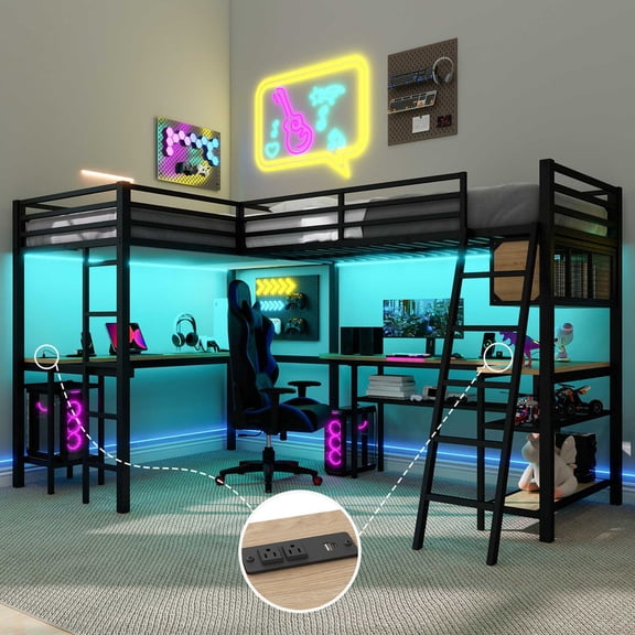 Mirightone Metal L-Shaped Loft Bed Twin 2 Beds with 2 Desks, Gaming Loft Bed with Storage Shelves and LED Light for 2 Adults Teens, Black Natural