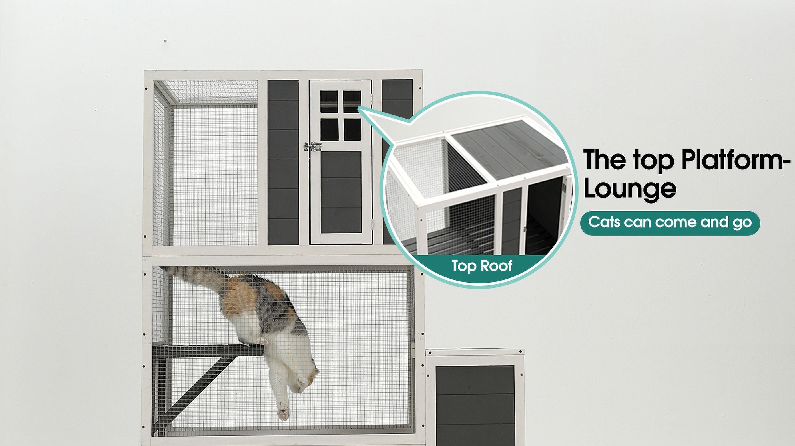 3-Tier Wooden Outdoor & Indoor Cat House Suitable for 1-3 Cats Cat Enclosure Resting Box with 4 Platforms and 2 doors Cat Shelter Kitty House with a Jump Box for Hiding and Resting Cat Cage 71"H-Gray
