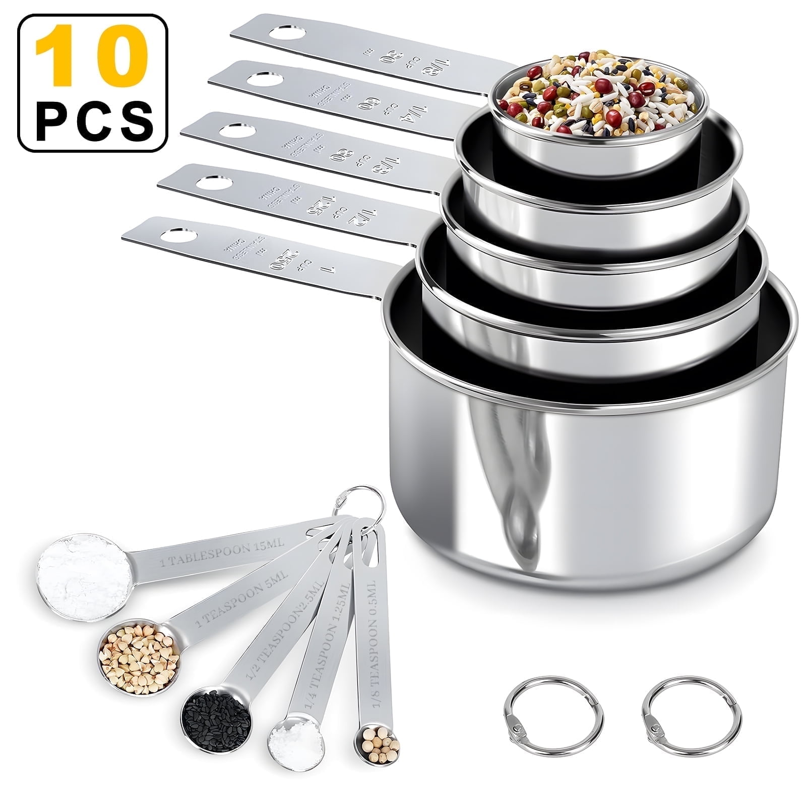Aovky Measuring Cups and Spoons Set of 10, 5 Stainless Steel Cups and 5 Spoons for Kitchen Cooking Baking