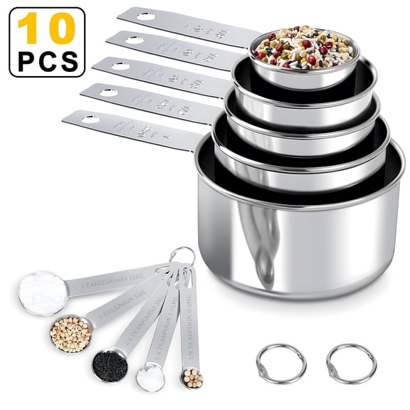 Aovky Measuring Cups and Spoons Set of 10, 5 Stainless Steel Cups and 5 Spoons for Kitchen Cooking Baking