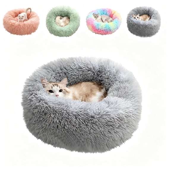 Qocolcyl Calming Fluffy Donut Cat Bed, Soft Polyester Winter Warming Round Cuddler Pet Cushion 16in, Washable Thick Plush Nest For Kittens Small Dogs Under 8.8lbs, Multi Colors, Christmas Pet Gift