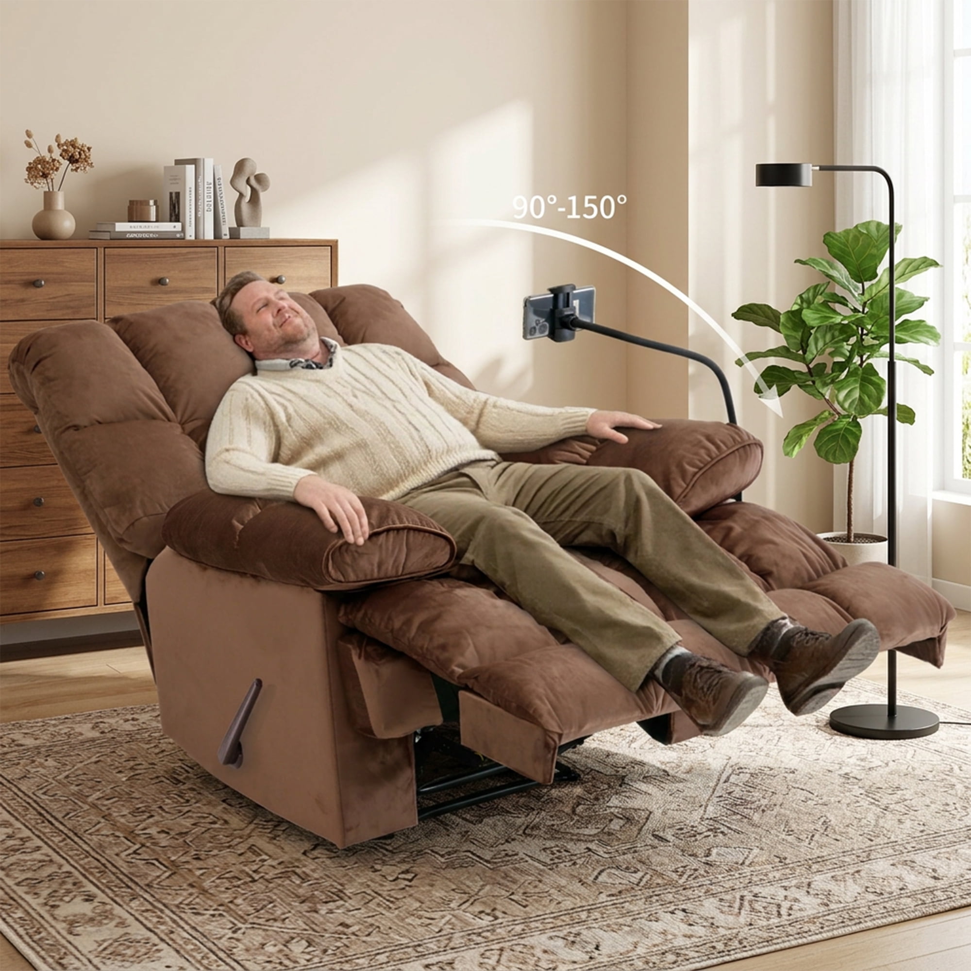 2 Pcs Brown Overstuffed Lounge Chair with Footrest and Phone Holder Extra Large Recliner Chair, Manual Reclining Lounge Chair with Footrest, Comfortable Living Room Accent Recliner