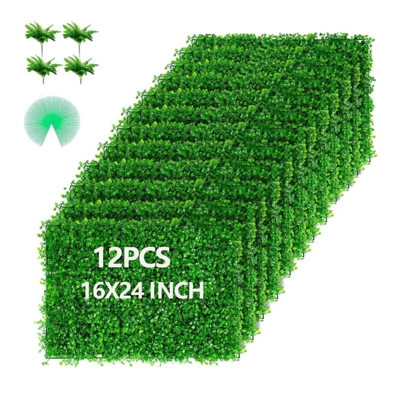 Yonopro 12Pcs Artificial Grass Wall Panels, 16X24 Inch UV-Anti Greenery Boxwood Hedge Panels for Fence Privacy, Balcony, Backyard, Wedding, Indoor, Outdoor Decor (16SQ FT)
