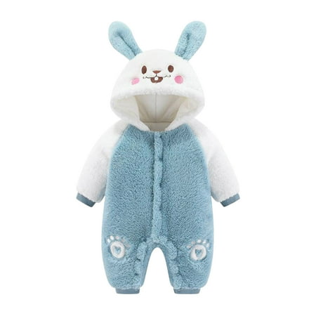 

LIhncine Baby Girl Jumpsuit Girls Boys Winter Long Sleeve Jumpsuit Rabbit Ears Rabbit Print Outwear Warm Clothes Rompers for Girls(Blue 6-9 Months)