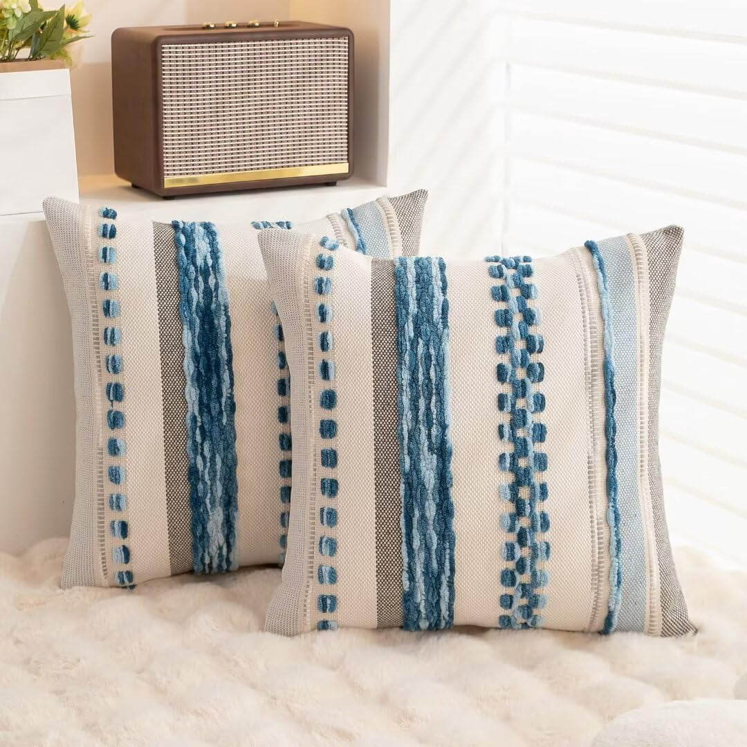 Boho Throw Pillow Covers 18x18 Set of 2 Farmhouse Decorative Cushion Case Striped Square Pillows Cover Chenille Pillow Cases Accent Neutral Pillowcase for Sofa Couch Bed