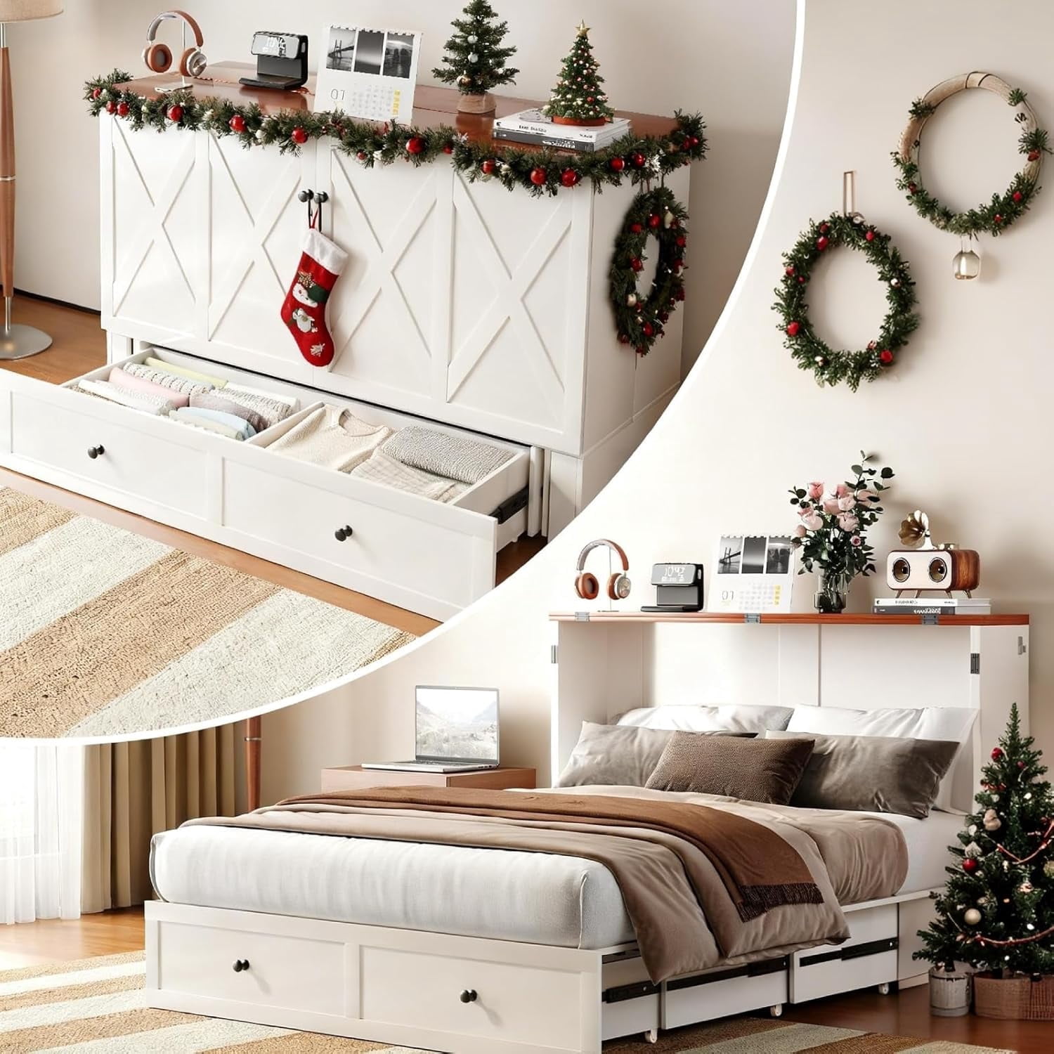 Puremind Full Size Murphy Bed with Foldable Mattress, Cabinet Bed with Storage Drawer and Charging Ports, Murphy Bed Furniture for Bedroom/Office, White
