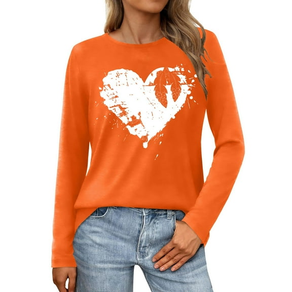 Womens Long Sleeve Tops T Shirts Casual Layering Crewneck Print Fall Clothes for Women Tees Blouses Orange S