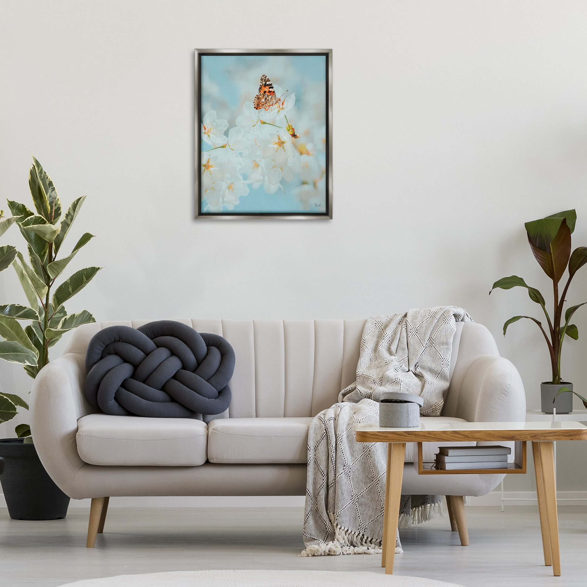 Stupell Industries Pale Blossoms & Butterfly Animals & Insects Photography Gray Floater Framed Art Print Wall Art, 25 x 31