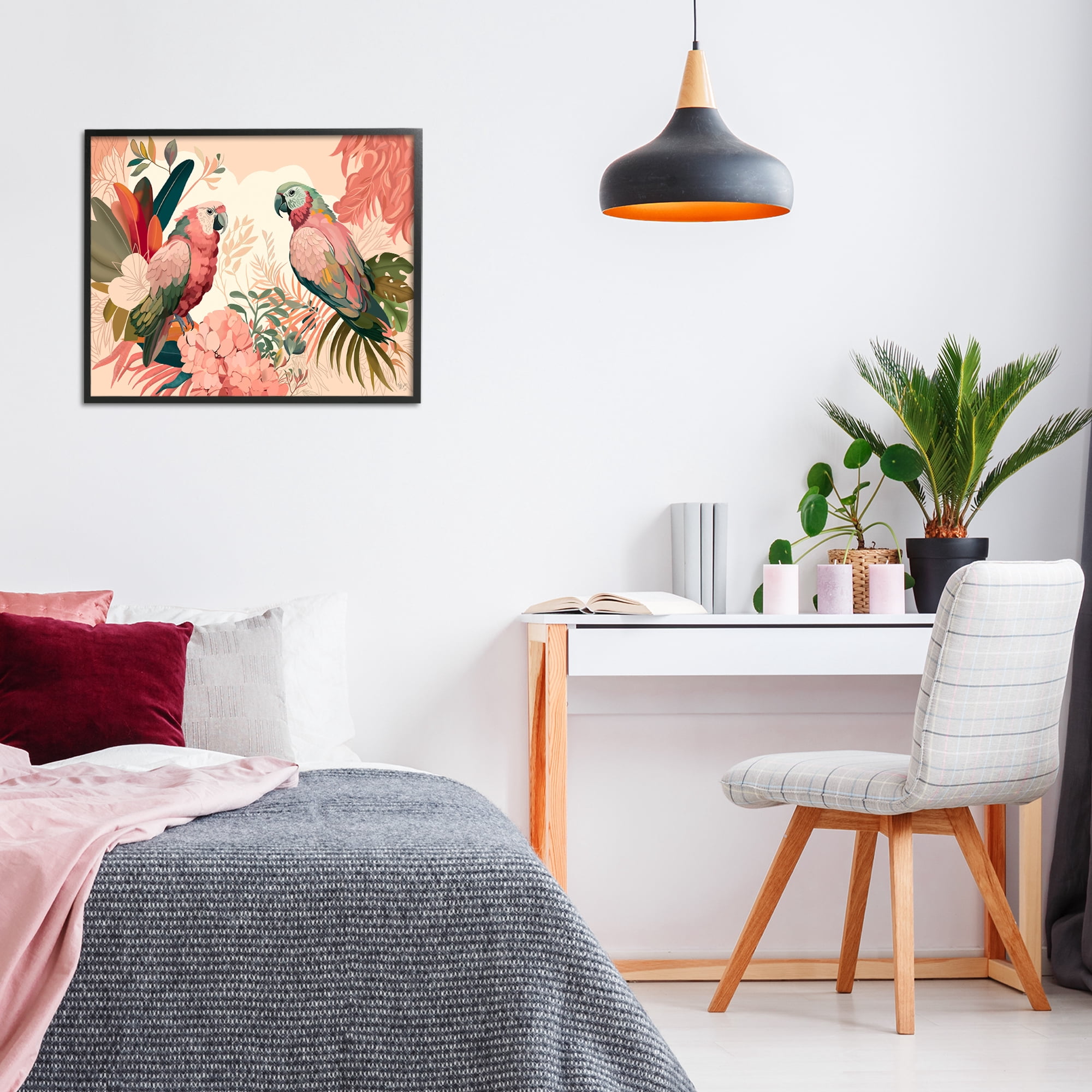Stupell Industries Pink Parrots & Leaves Animals & Insects Painting Black Framed Art Print Wall Art, 30 x 24