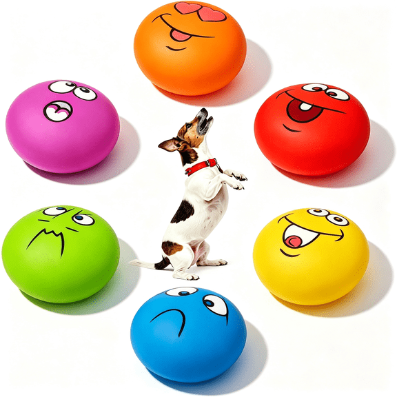 BESTSKY Latex Dog Squeaky Toys, Soft Rubber Small Dog Toys Chewing Squeak Toy, Fetch Play Balls Toy for Puppy Small Pet, Smile Face Flat Ball with Squeaker 6Pcs