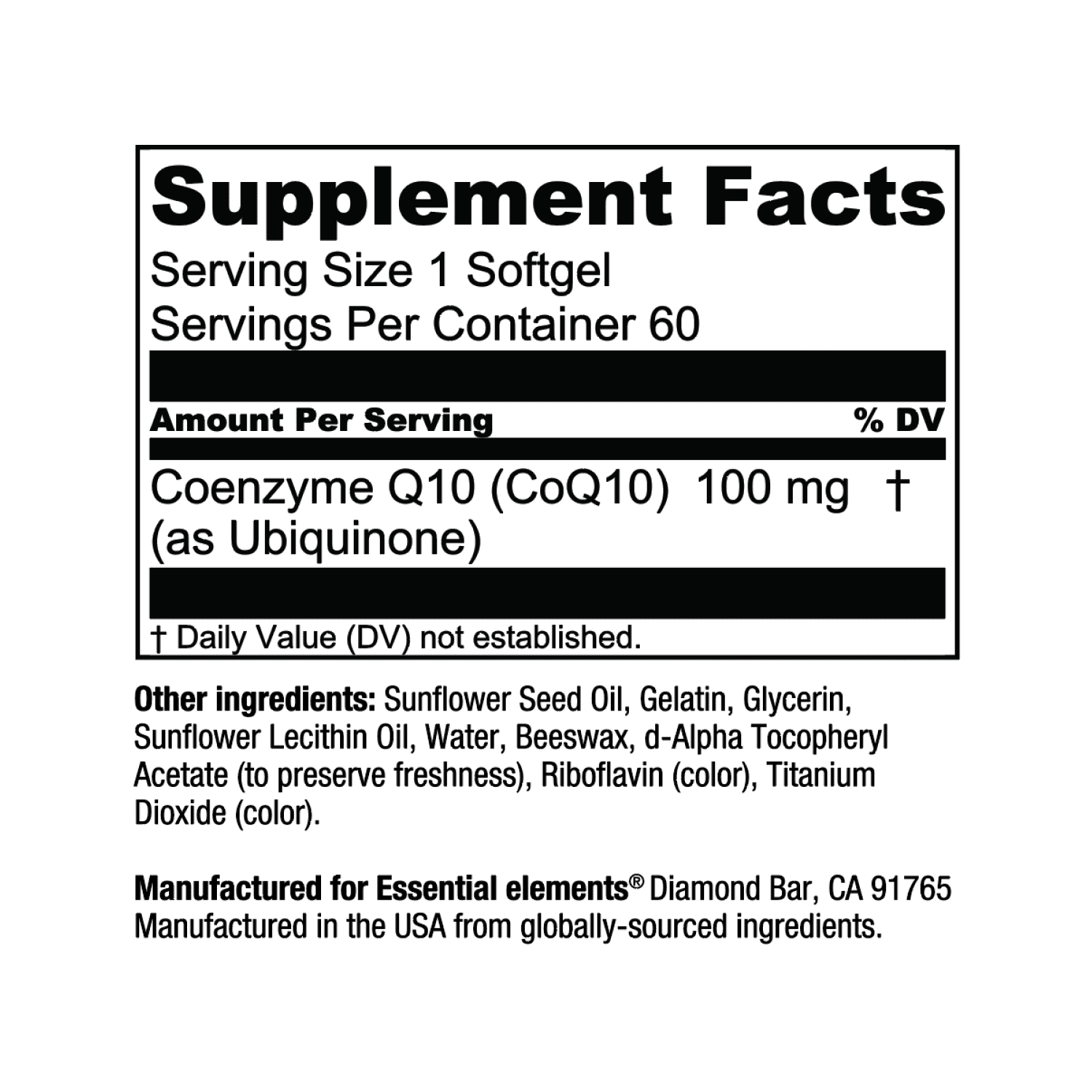 Essential Elements CoQ10 100mg Softgels for Heart, Brain, and Vascular Support - Comprehensive Coenzyme Q10 Supplement Formulated for Optimal Absorption - 60 Count, 2 Month Supply