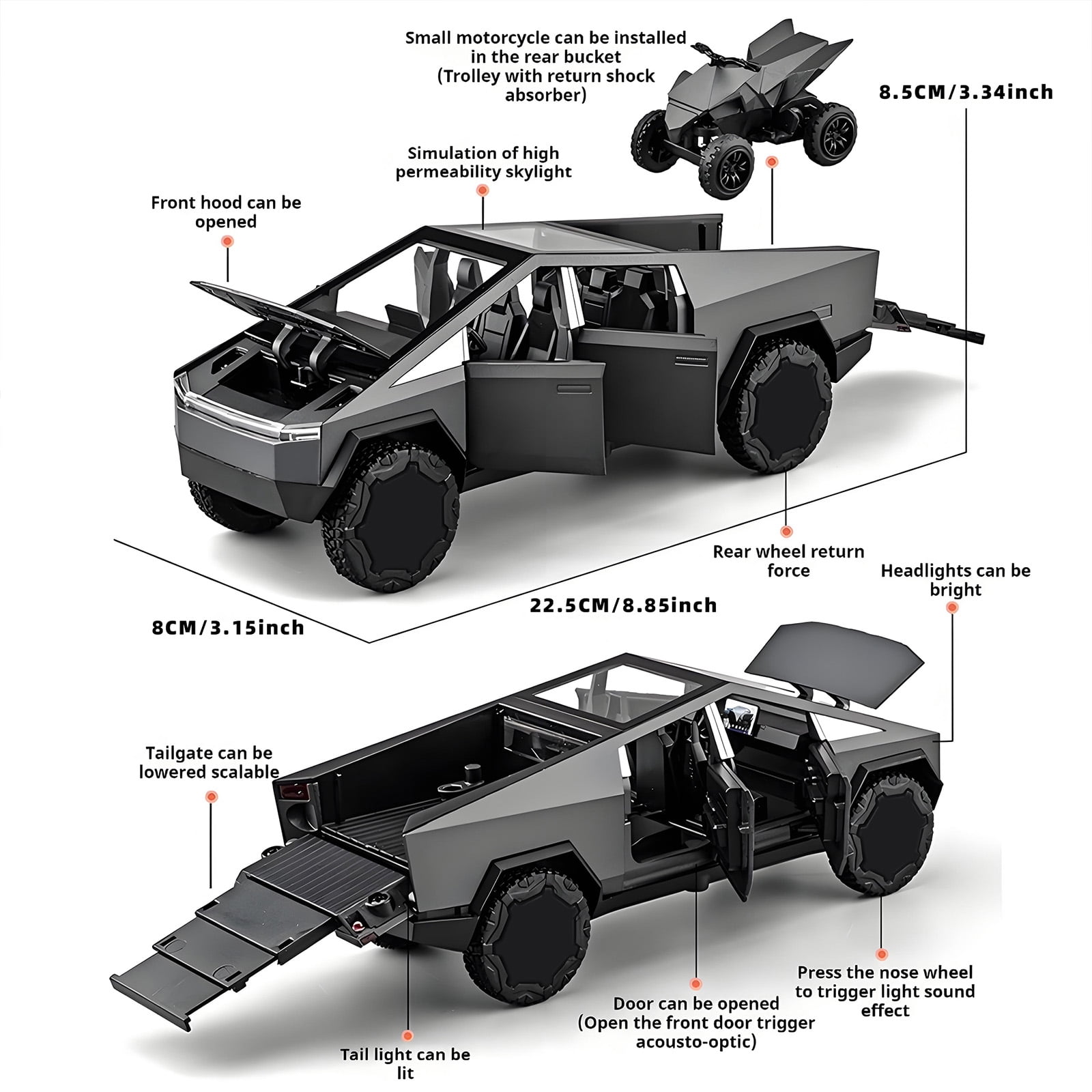 Anmyjuly Toy Trucks Model Pickup Motorcycle Silver Alloy 1/24 Diecast Vehicles with Sound and Light,Gray
