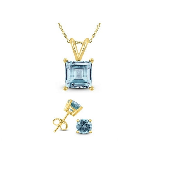 Bonjour Jewelers 18K Yellow Gold 2ct Aquamarine Square 18 Inch Necklace And Round Earrings Set Plated