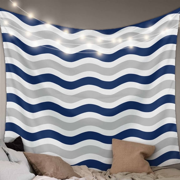 Navy Blue Grey White Tapestry for Bedroom Wall Hanging Tapestry, Abstract Geometric Ocean Wave Stripe Ceiling Backdrop Tapestries Poster Blanket Wall Decor for Teens Room Living Room Dorm 51" x 59"