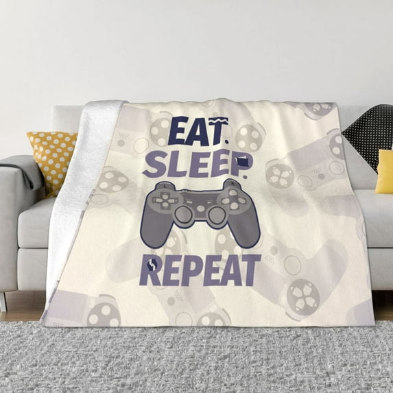 XMXT Throw Blanket, Eat Sleep Game Repeat Retro Print Machine Washable Blankets for Sofa, 60 x 50 inches White