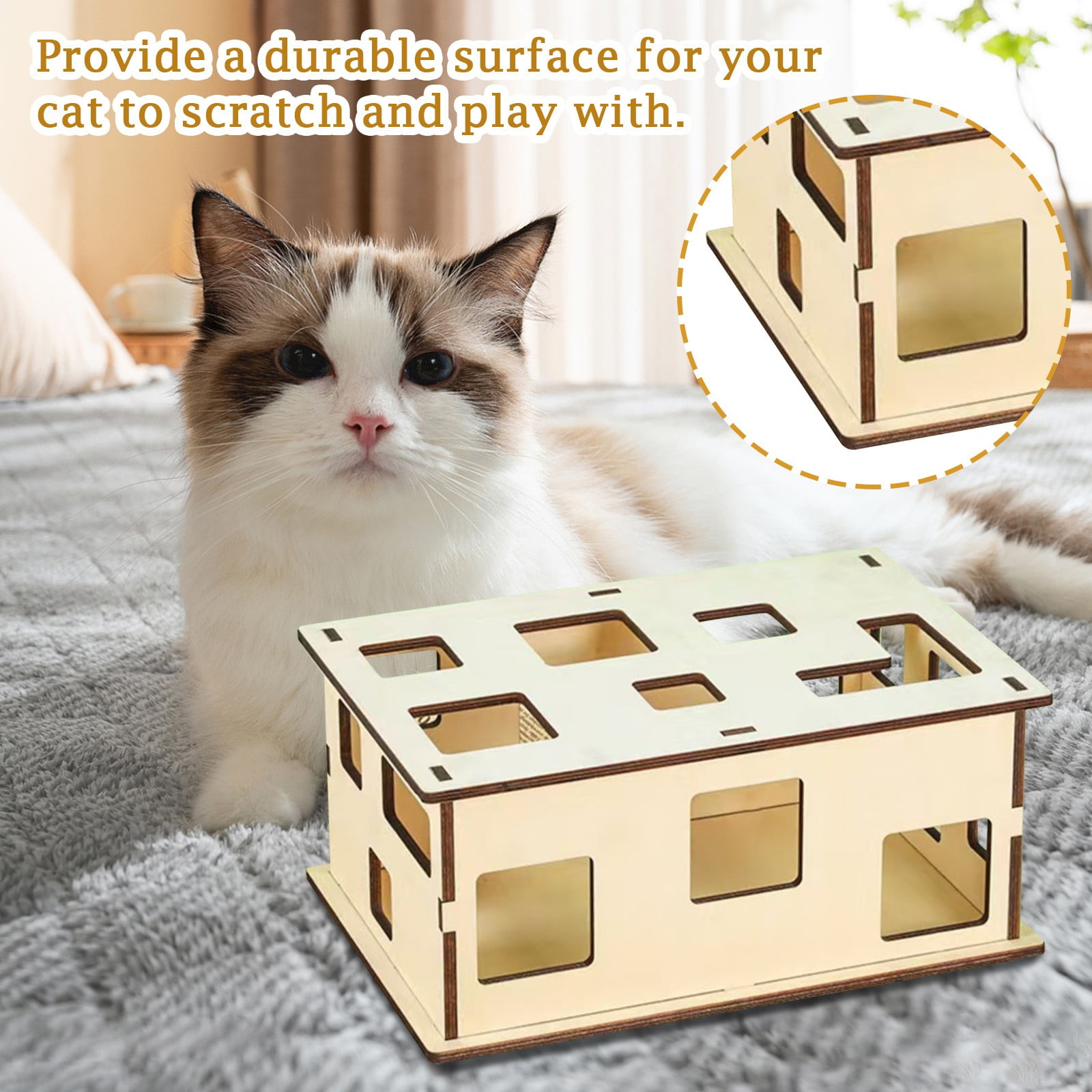 Cat Puzzle Toys Wooden Maze Box for Indoor Cats，Interactive Smart Brain Trainer with Hide and Seek Ball Game，Mental Enrichment Toys to Reduce Boredom，Natural Wood，Wood Color