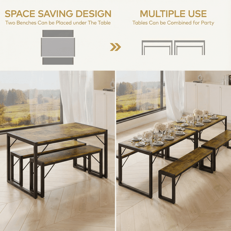 Aiho 3-Piece Dining Table Set - Industrial Kitchen Table & Chairs with Stain-Resistant Oak Top, Space Saving Design for Small Homes, Retro