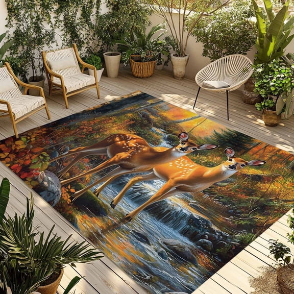 Fsddascl Orange Autumn Deer Outdoor Rug for Patio/Deck/Porch, Non-Slip Large Area Rug 4 x 6 Ft, Forest Vintage Elk Indoor Outdoor Rugs Washable Area Rugs, Reversible Camping Rug Carpet Runner