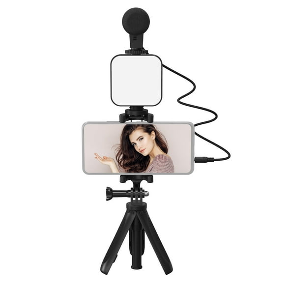 Carevas Smartphone Vlogging Kit Tripod Phone Holder + Microphone + Video Light + Clip + 3.5mm TRS to TRRS Audio Cable for Live Stream Video Recording
