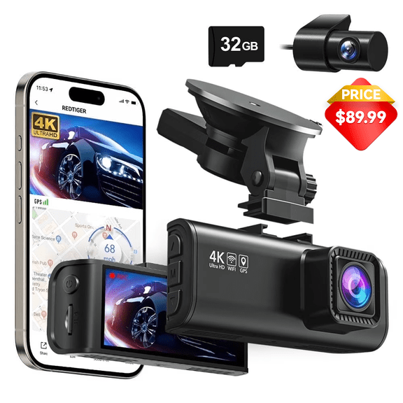 REDTIGER Dash Cam for Cars, 4K/2.5K Full HD Car Camera Dash Cam, 3.16” IPS Screen Dash Cam, Dashcam Built-in Wi-Fi GPS, Night Vision, Loop Recording, Vehicle, Parking Mode, Free 32GB Card