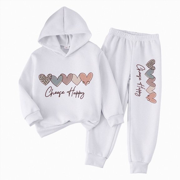 HFHAPW Girls Boys 2 Piece Outfits Hoodies Sweatsuit Kids Cute Love and Letter Print Athletic Hooded Sweatshirt and Sweatpants Winter Casual Tracksuit Sets(White,3-4 Y)