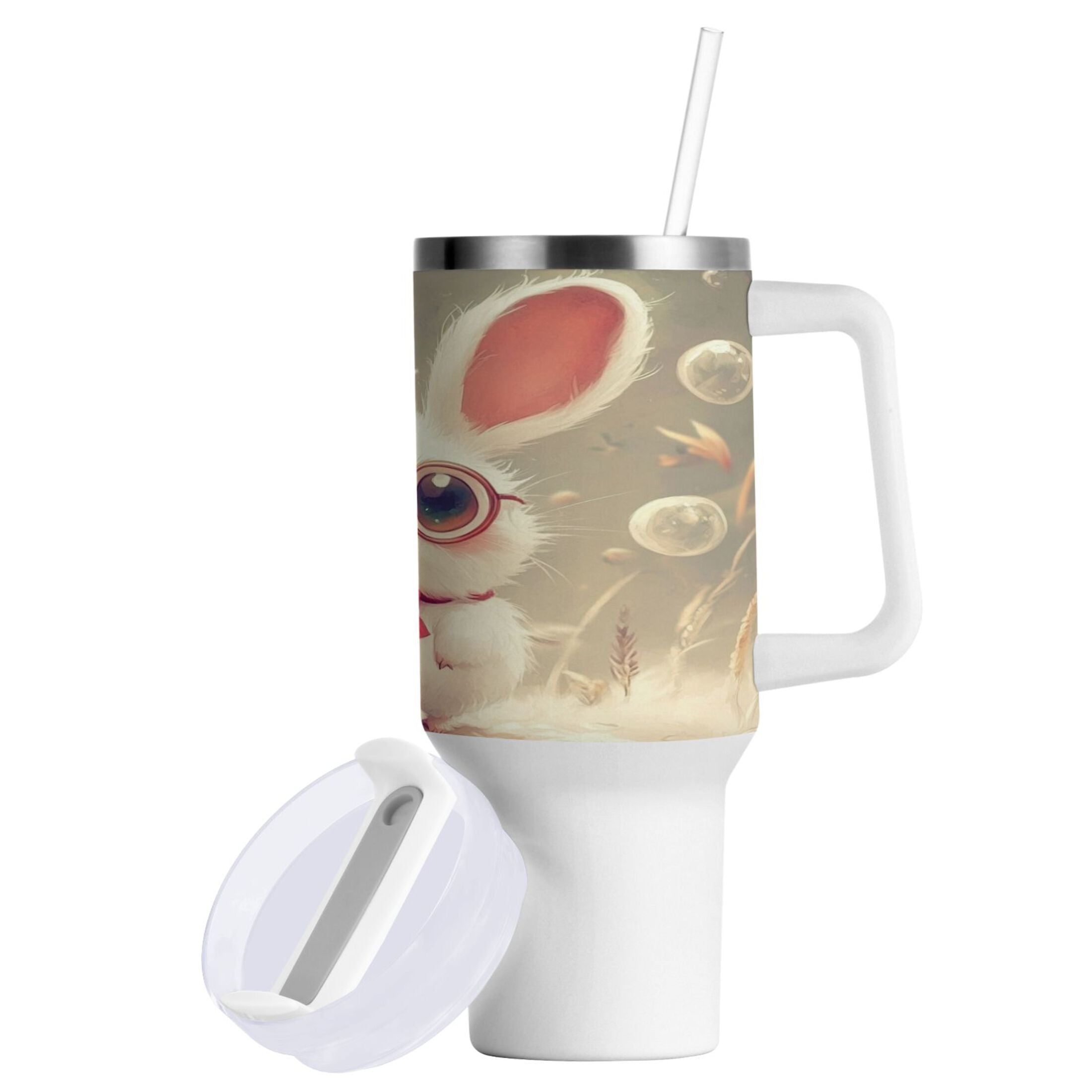 40 Oz Car Handle Water Bottle Water Cup Water Bottle Water Jug Coffee Cup Travel Water Bottle Cartoon Rabbit with Glasses