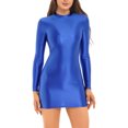 thumbnail image 1 of RUNQHUI Robe Moulante à Manches Longues Brillante pour Femmes Col Montant Lisse Extensible Mini Robes Bleu Royal m, 1 of 6