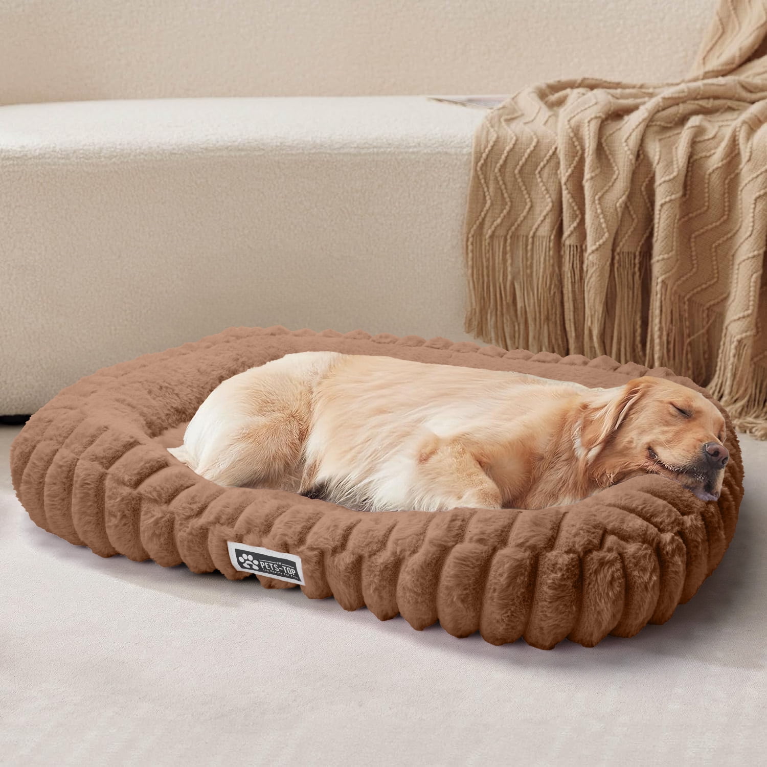 SANMADROLA Cute Dog Beds for Large Sized Dog, Washable Large Dog Beds, Rectangle Pet Beds for Big Dogs, Furry Bolster Soft Warming Calming Pet Bed with Non-Slip Bottom, 35.4"x27.2"x5.5",Brown