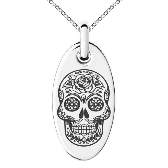 Tioneer Stainless Steel Day of the Dead Sugar Skull Engraved Small Oval Charm Pendant Necklace
