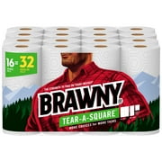 Brawny Tear-A-Square Paper Towels, White, 16 Double Rolls