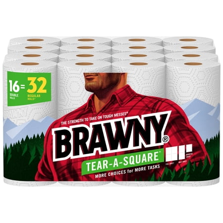Brawny Tear-A-Square Paper Towels, White, 16 Double Rolls