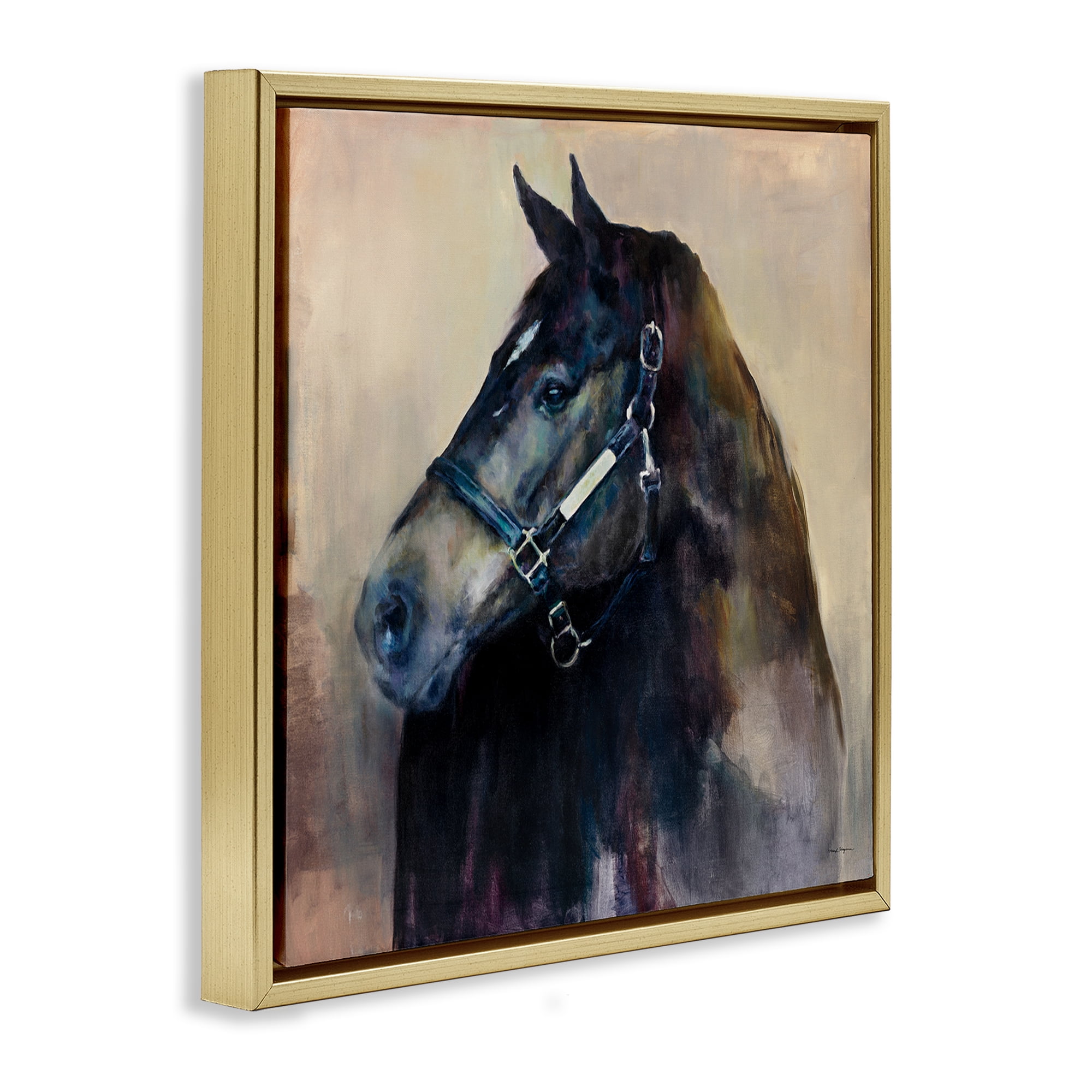 Stupell Industries Ritzy Black Horse Animals Painting Gold Floater Framed Canvas Art Print Wall Art, 25 x 25