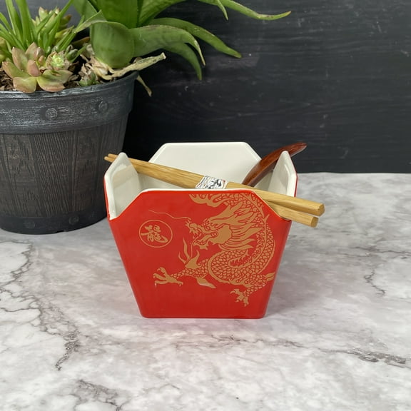 Red Dragon Restaurant Rice To Go Box Style Ceramic Bowl 16 fl oz