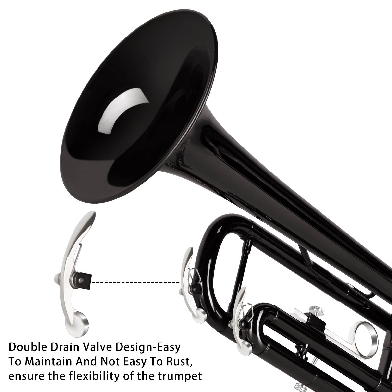 EASTROCK Bb Trumpet Precision Valves with Double Drain & Sweat-Proof Grips Pro Care Kit Included for Novice User Black