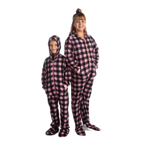 Buffalo Plaid Fleece Girls Footed Pajamas, Pink & Black