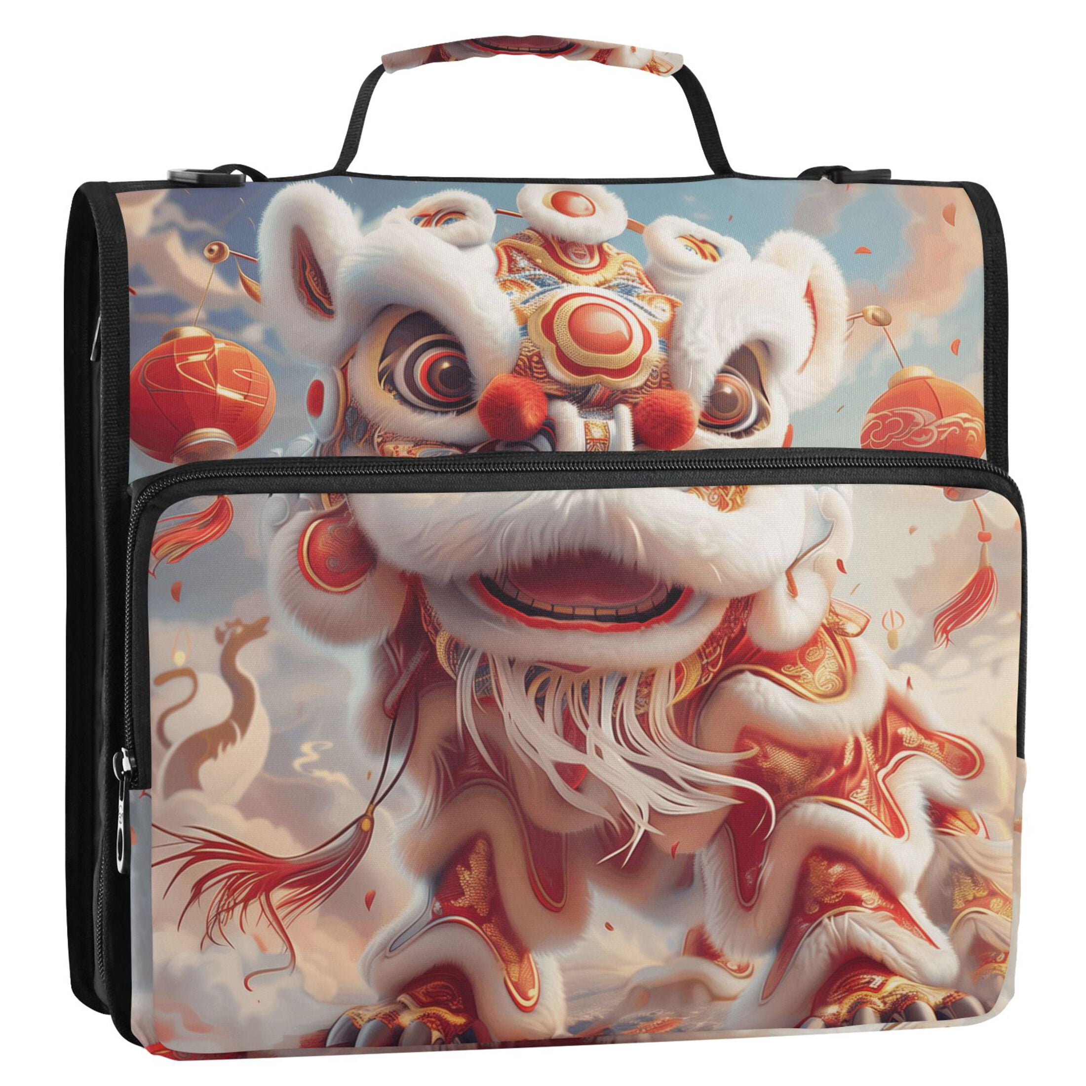 3 Ring Zipper Binder with Shoulder Strap Waterproof Trapper Keeper 2 Inch D-Ring 500 Sheets Capacity Chinese Lion Dance