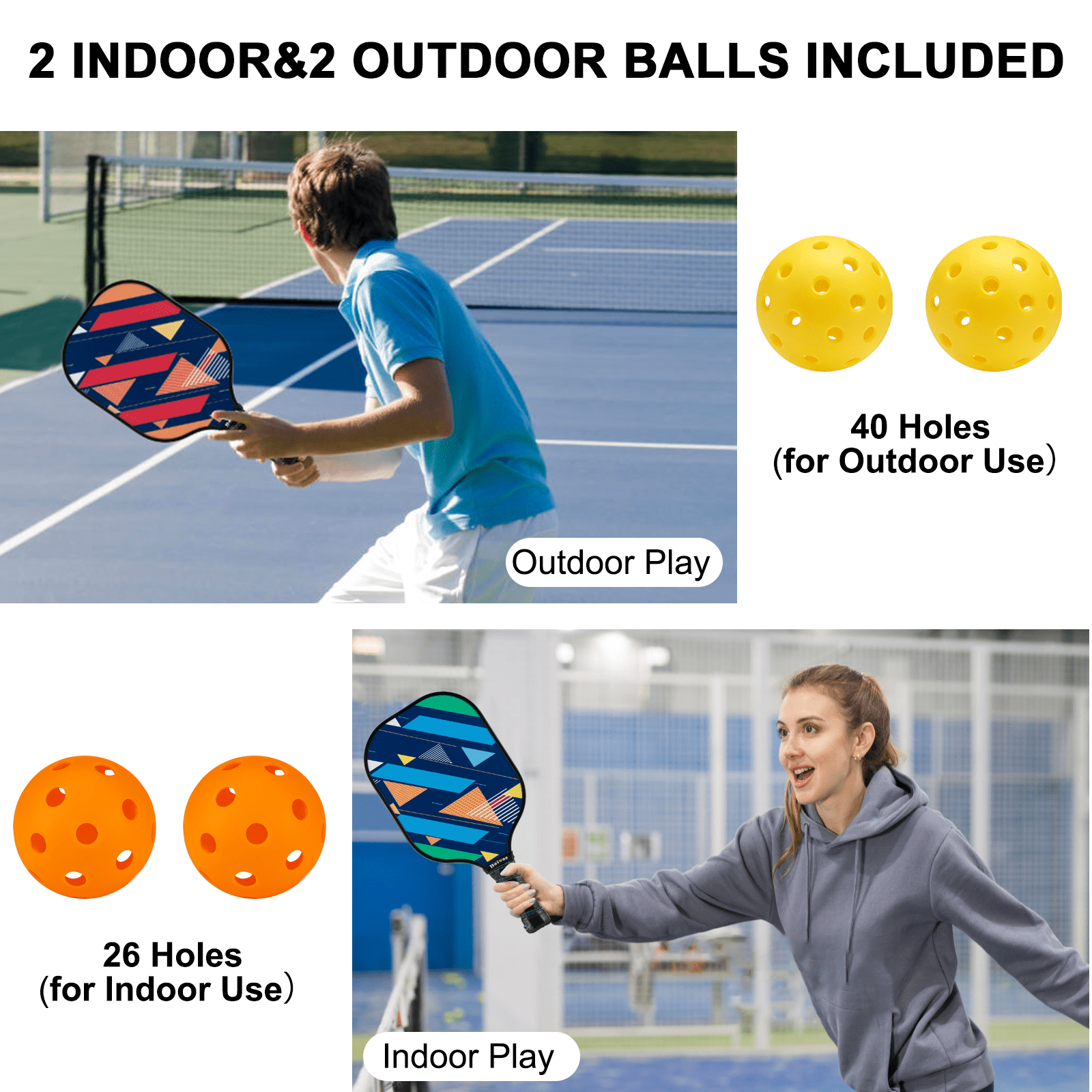 BEIVES Durable Fiberglass Pickleball Paddle 4-Paddle Set - Includes 4 Balls & Carry Bag, Perfect for Family & All Skill Levels