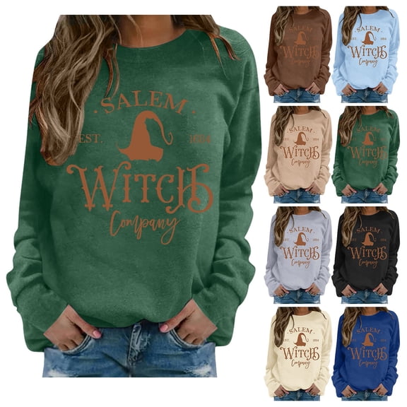 WEIWEN Halloween Sweatshirts for Women 1692 Salem Broom Co Graphic Pullover Crewneck Long Sleeve Shirts 2026 Fall Outfits Womens Fall Fashion Clothing Beige, S