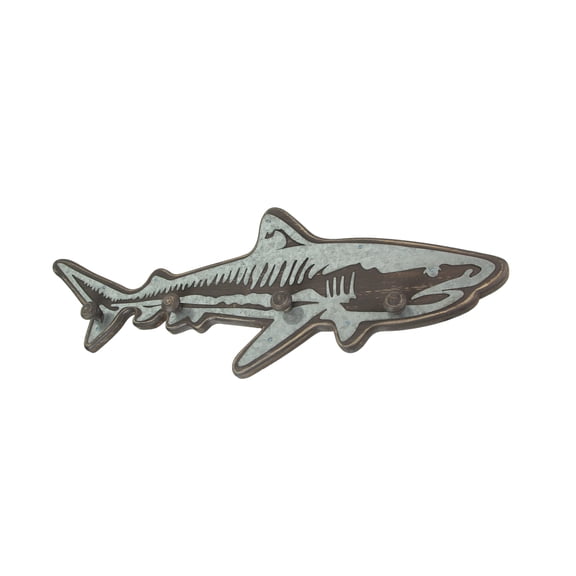 Zeckos Wood Shark Wall Hook Rack and Metal Accents Ocean Décor 33 inch