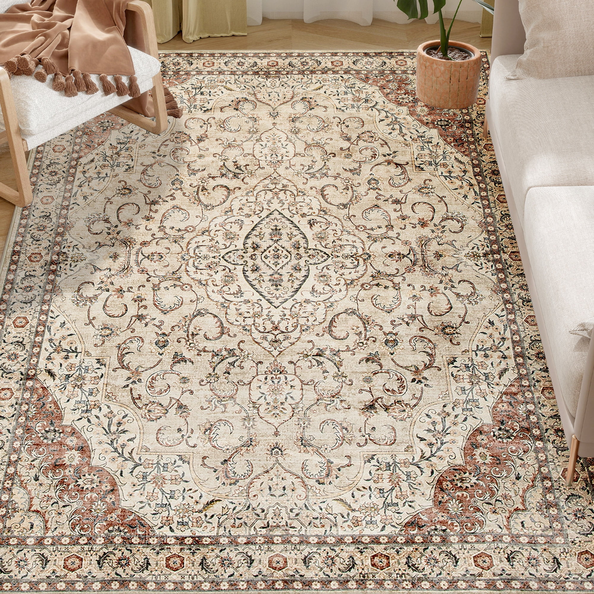 HOMCOM Area Rug 4x6, Machine Washable Rug, Non-Slip Classical Floral Print Floor Carpet for Living Room, Bedroom, Dining Room, Mixed-Brown