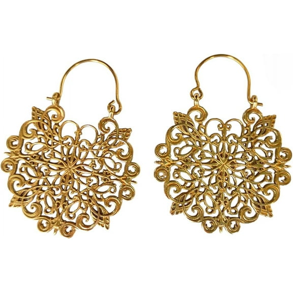 Handmade Brass Filigree Flower Mandala Hoop Earrings, Silver Plated, Tribal Folk Style