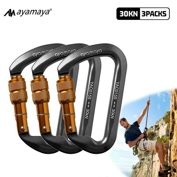 3Pack Carabiner Clips, AYAMAYA Heavy-Duty 30KN Aluminum Locking Clip Hook with D Ring for Traveling Camping (Gray)