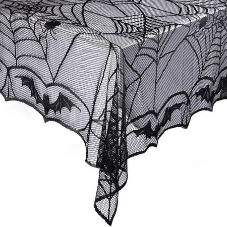 eZAKKA Halloween Black Spider Web Lace Tablecloth Rectangular 48 x 96 inch Polyester Spooky Bat Lace Tablecover for Gothic Halloween Party Home Decorations