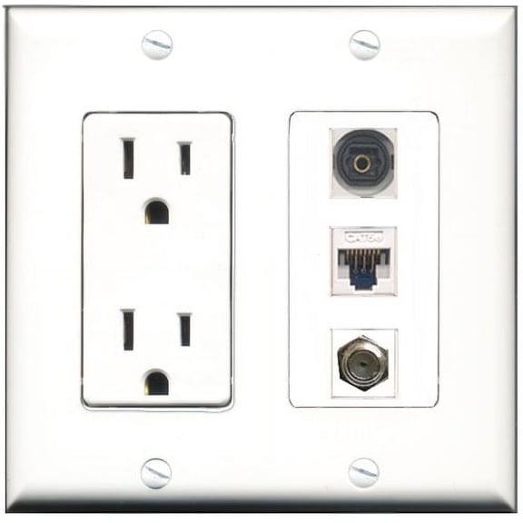 RiteAV - 15 Amp Power Outlet 1 Port Coax 1 Port Toslink 1 Port Cat5e Ethernet White Decorative Wall Plate