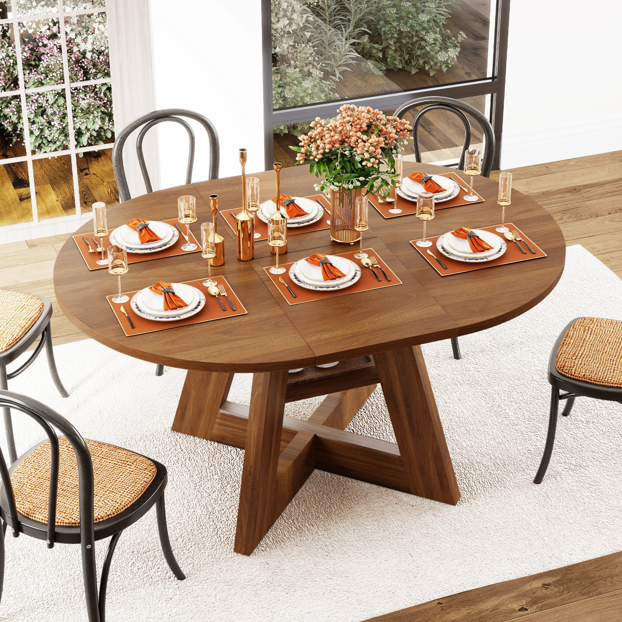 Extendable Dining Table for 4-6, Round Kitchen Table with Removable Leaves, Space Saving, Oval Dining Room Table with Storage Shelf for Kitchen Living Room (Walnut)