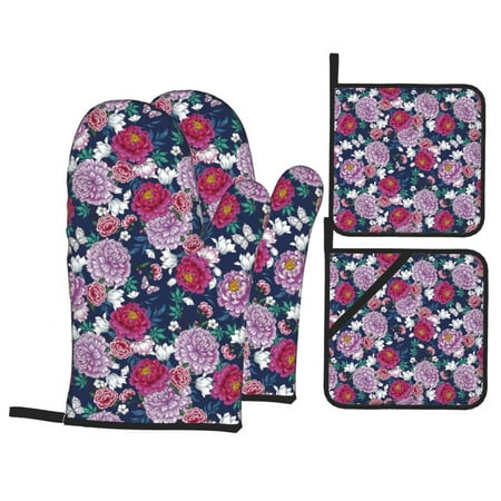 

Oven Mitts and Pot Holders 4 pcs Set Carnations Flowers Butterfly Heat Resistant Pot Holders Oven Mitts for kitchen Non-Slip Hanging Loop Oven Glove Potholders for Baking Cooking