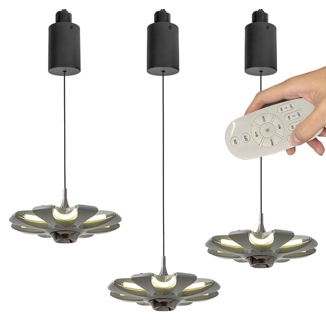 FSLiving Adjustable Height Track Pendnat Light H-Type Retractable Lift Track Pendnat Light by Remote Control with Stepless Dimming Flower Lamp for Kitchen Island Restaurant Dining Room,Grey - Set of 3