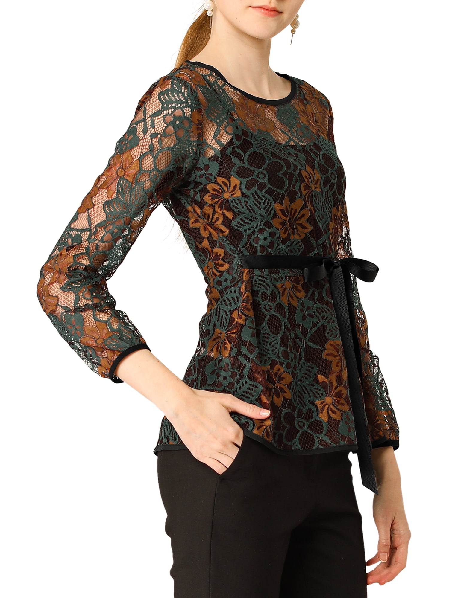 DARING DIVA Self-Tie Waist Semi Sheer Peplum Top M Green