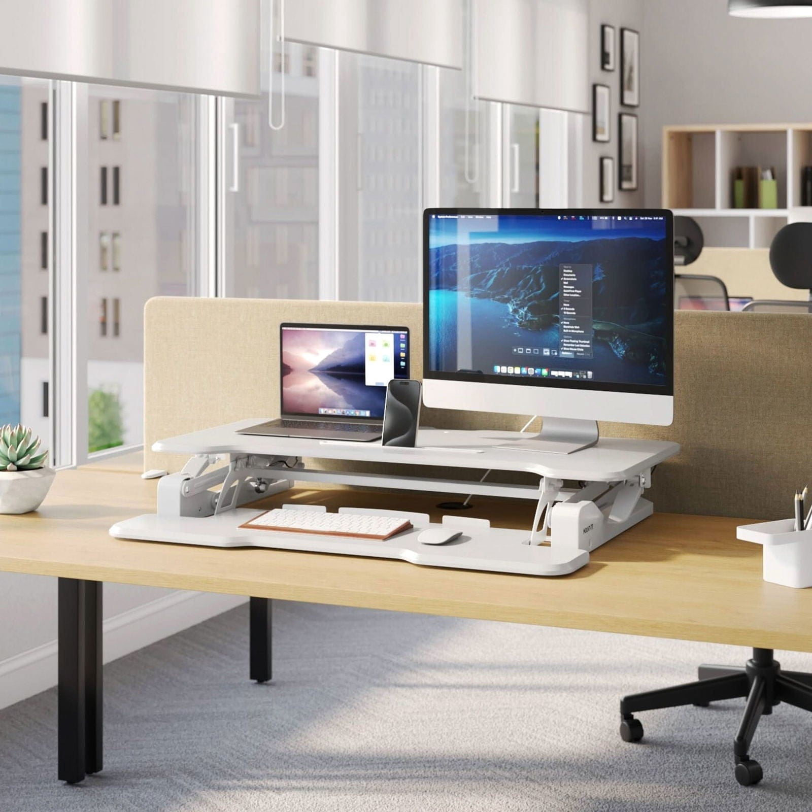 Mount-It! 38'' Standing Desk Converter – Height Adjustable Sit Stand Riser with Dual Monitor Space, Keyboard Tray & Device Slot – Gas Spring Lift, MDF Desktop, White